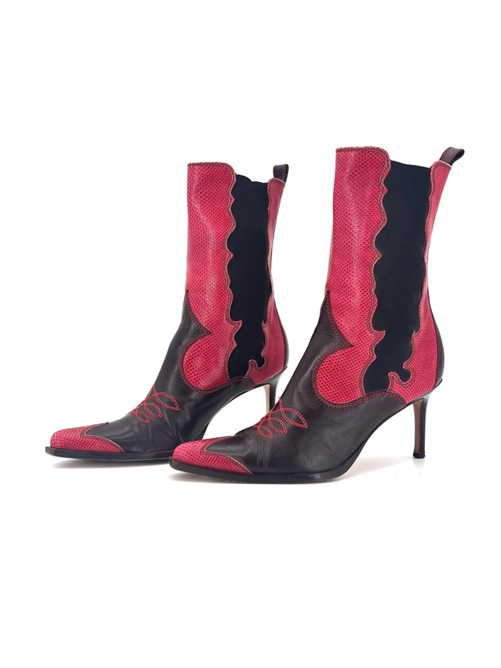 Vintage Dior John Galliano Red Snakeskin Chelsea Western Pointed Toe Boots 37